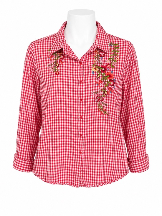 Princess Cruises Tops - Size M Princess Cruises Women’s Red Gingham Floral Embroidered Button-Up Shirt